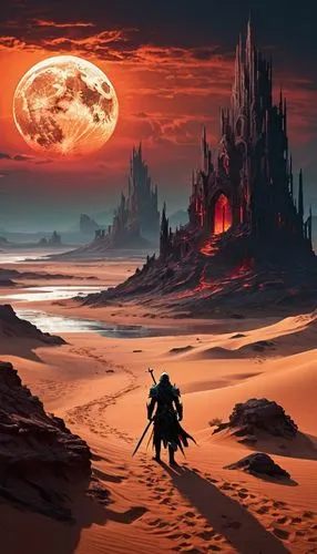 castlevania,arrakis,barsoom,scorched earth,gallifrey,primordia,apocalypse,lunar landscape,wasteland,alien planet,apocalyptic,post-apocalyptic landscape,mordor,barren,red planet,dune,wastelands,fire planet,portal,tatooine,Illustration,Realistic Fantasy,Realistic Fantasy 46