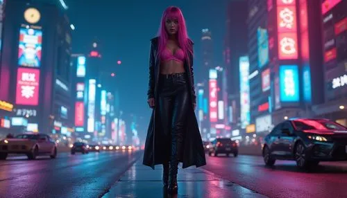 cyberpunk,neon lights,city lights,girl walking away,neon,pedestrian,Photography,General,Realistic