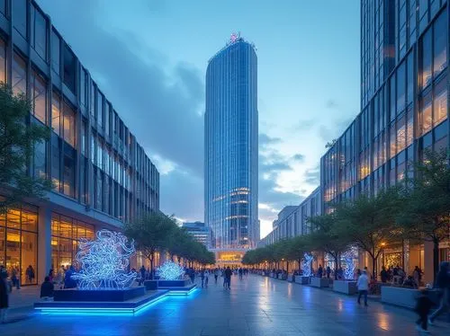 urban monument, modern architecture, sky blue accents, sleek lines, glass windows, steel frames, city square, afternoon sun, soft shadows, pedestrians walking by, vibrant street art, abstract sculptur