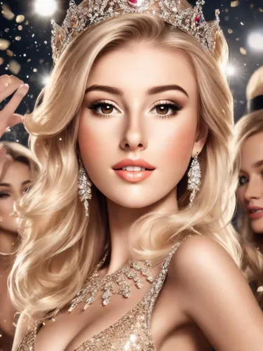 gorgeous blonde lady winning Miss World, crowning moment on stage, paparazzi photo, spotlights, sparkles, photorealistic,princess crown,tiara,diadem,miss universe,pageant,queen crown,crown render,miss