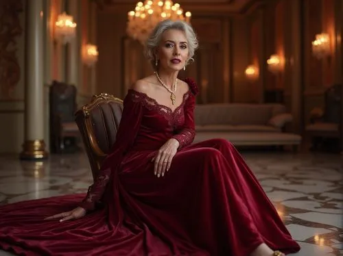 Burgundy color, luxury, elegant, mature lady, curly hair, pearl necklace, red wine-inspired dress, velvet fabric, lace trim, long sleeves, floor-sweeping skirt, high heels, ornate gold jewelry, lavish