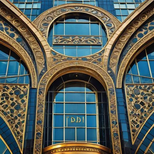 Art Deco building, luxurious skyscraper, geometric patterns, metallic materials, ornate details, curved lines, zigzag motifs, bold colors, golden accents, intricate mosaics, grand entrance, symmetrica