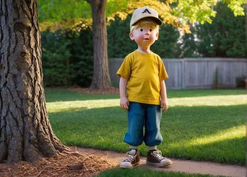 Realistic Charlie Brown, real-life setting, boy, 6-8 years old, messy blond hair, worn-out sneakers, faded yellow shirt, blue jeans, baseball cap, holding a baseball, standing in a suburban backyard, 