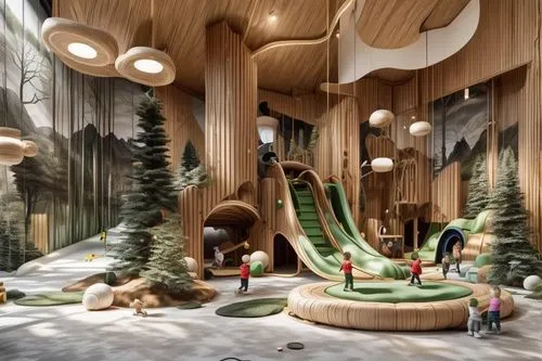 children's interior,heatherwick,ecovillages,cartoon forest,ecotopia,wooden christmas trees