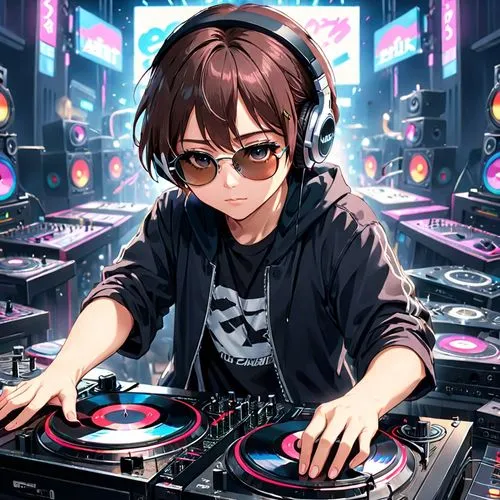 egirl,8k,uhd,a man DJ,wearing sunglasses and headphones,cool tech,working turntables as a DJ,photos of cinematic art,authentic masterpieces,best quality,high resolution,,a dj mixes up some tracks whil