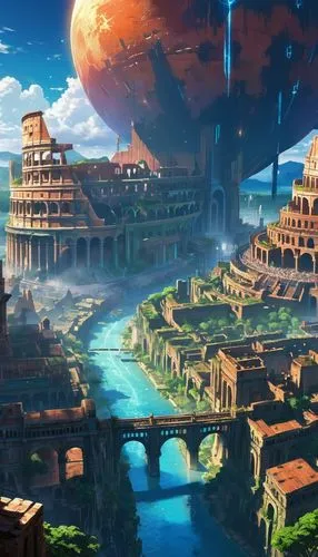 ancient city,barsoom,scythopolis,atlantis,the ancient world,italy colosseum,futuristic landscape,fantasy city,terraformer,terraformed,fantasy landscape,artemis temple,skylands,civilizations,karnak,skyterra,philippopolis,ancient buildings,planetaria,ancient rome,Illustration,Japanese style,Japanese Style 03