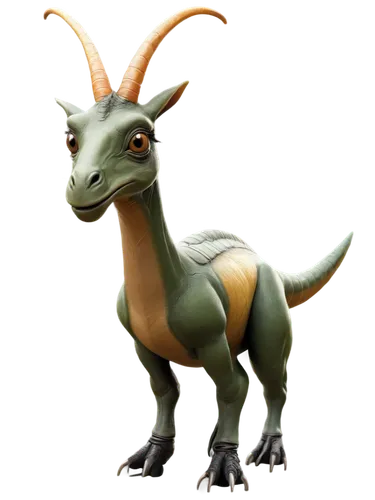 Parasaurolophus dinosaur, greenish-brown skin, long crest on head, curved beak, big eyes, nostrils flaring, muscular legs, sharp claws, bulky body, scaly texture, prehistoric atmosphere, warm lighting