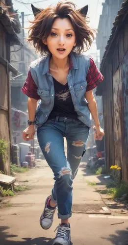 1girl, Misha character, surprised expression, wide eyes, messy hair, casual outfit, jeans, H-Cup, Big Boobs, graphic t-shirt, sneakers, running pose, urban alleyway, graffiti walls, trash cans, stray 