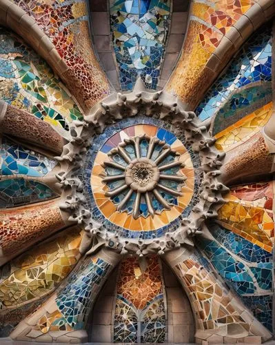 Gaudi-inspired architecture, Barcelona, Spain, intricate stonework, vibrant colorful tiles, ornate ironwork, grandiose entrance, sweeping arches, Gothic Revival style, Sagrada Familia influence, moder