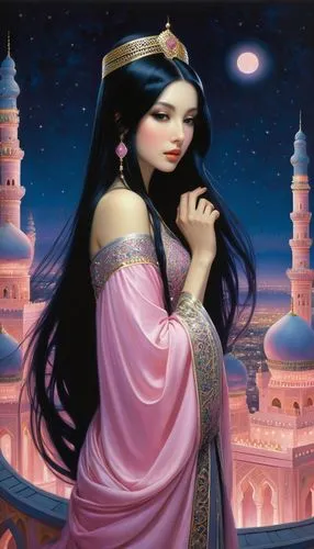 rem in arabian nights,sheherazade,oriental princess,islamic girl,persia,scheherazade,Illustration,Realistic Fantasy,Realistic Fantasy 08