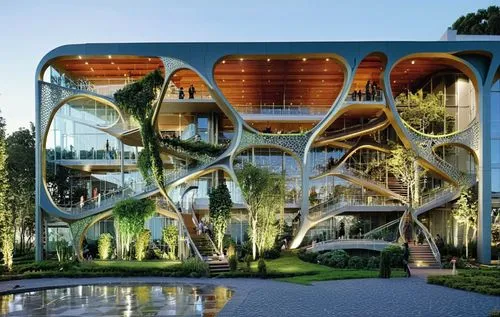 a futuristic building in an urban setting with palm trees,futuristic architecture,interlace,biospheres,cubic house,genentech,kaust,Photography,Artistic Photography,Artistic Photography 09