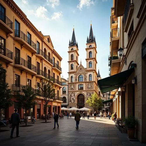 Ornate market square, Renaissance-inspired facade, ornamental stonework, grand arches, decorative columns, intricate carvings, vibrant frescoes, ornate balconies, majestic clock towers, bustling stree