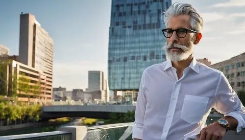 Leon Krier, architecture of community, modern architect, glasses, gray hair, beard, white shirt, black pants, holding blueprints, standing, urban planning, cityscape, skyscraper, green roof, solar pan