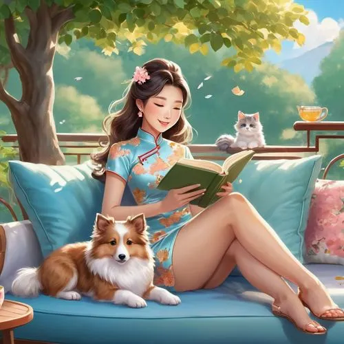 akita inu,relaxing reading,siu mei,fantasy picture,fantasy portrait,girl with dog,fairy tale character,reading,little girl reading,pet,game illustration,phuquy,kitsune,pets,girl studying,honmei choco,3d fantasy,jasmine blossom,cat's cafe,for pets,Illustration,Japanese style,Japanese Style 01