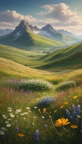 meadow landscape,alpine meadow,mountain meadow,meadow in pastel,grasslands,salt meadow landscape,summer meadow,grassland,landscape background,spring meadow,meadow,flowering meadow,the valley of flowers,mountain pasture,fantasy landscape,field of flowers,flower field,flower meadow,mountain landscape,green meadow,Conceptual Art,Fantasy,Fantasy 28