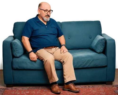 Old, fat, mature man, balding, thick beard, mustache, glasses, wrinkles, relaxed posture, casual wear, loose fitting shirt, khaki pants, belt buckle, comfortable shoes, sitting on couch, warm lighting