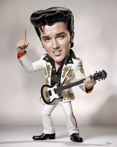 Caricature style drawing of a celebrity, big head, small body, exaggerated facial expressions. A 3D animated character resembling Elvis Presley, wearing a whiteA jumpsuit with red and gold accents, bl