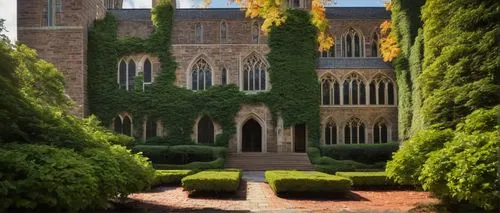 Duke University, Gothic style, Perkins Library, iconic clock tower, stone walls, stained glass windows, ivy-covered facades, brick pavement, lush greenery, vibrant fall foliage, sunny afternoon, warm 