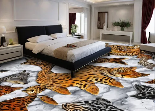 great room,duvet cover,ceramic floor tile,modern decor,cowhide,modern room,interior design,sleeping room,ornate room,room divider,tigers,guest room,interior decoration,waterbed,bedding,amurtiger,bed linen,flooring,hotel rooms,contemporary decor,Illustration,Black and White,Black and White 10