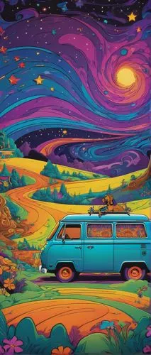 trippy, Scooby Doo, cartoon style, Mystery Machine, psychedelic colors, swirly patterns, bright stars, shiny textures, groovy vibes, 70s retro feel, fun and playful atmosphere, cozy room, desktop wall