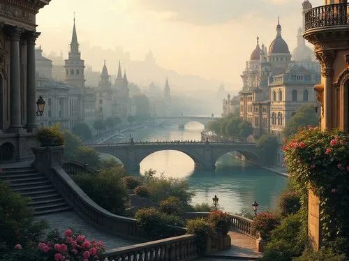 Majestic cityscape, historic river, winding waterways, ornate iron bridges, lace-like railings, grand arches, soft warm lighting, misty morning fog, lush greenery, vibrant flowers, intricate stone car