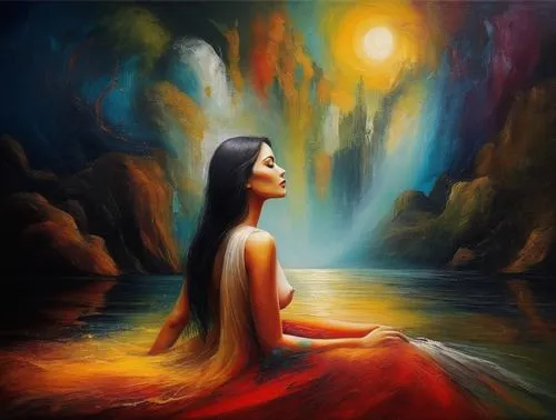 shamanic,dreamtime,mystical portrait of a girl,shamanism,dream art,oil painting on canvas,inanna,dubbeldam,tantoo,indigenous painting,meditate,oil painting,vishishtadvaita,dreamscapes,sacredness,sacred art,meditation,art painting,fantasy art,dreamscape,Illustration,Abstract Fantasy,Abstract Fantasy 01