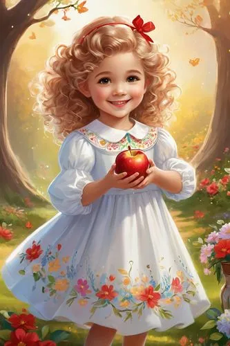 girl picking apples,apple blossoms,children's background,girl picking flowers,blossoming apple tree,apple tree,Illustration,Realistic Fantasy,Realistic Fantasy 01