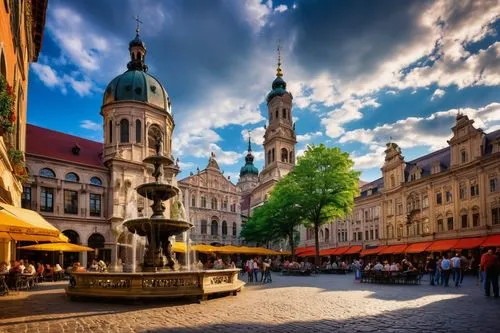 Historic center, grand fountain, ornate buildings, Baroque architecture, intricate stone carvings, Gothic spires, Renaissance palaces, vibrant street performers, lively cafes, charming cobblestone str