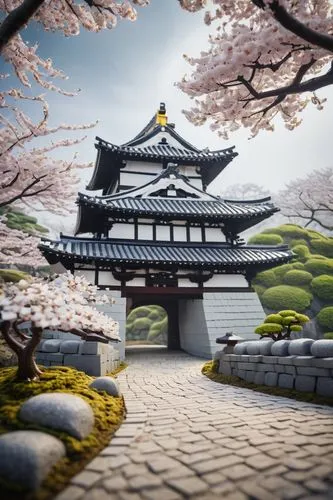 Himeji Castle, Lego architecture, medieval Japan, majestic structure, white walls, curved roofs, golden accents, cherry blossom trees surrounding, moss-covered stone foundation, intricate stonework, g