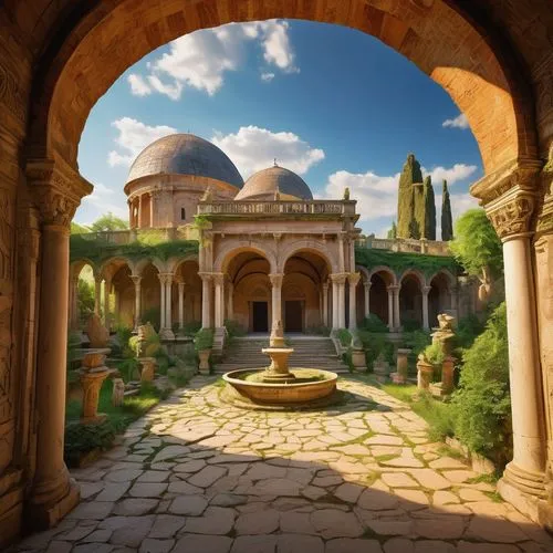 persian architecture,umayyad,greek temple,theed,water palace,genesis land in jerusalem,alhambra,monastery garden,ephesus,archways,quasr al-kharana,andalus,seregil,dorne,ancient city,umayyad palace,marble palace,artemis temple,constantinople,anatolian,Illustration,Retro,Retro 14