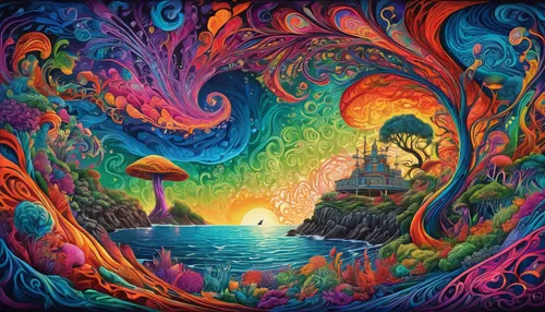 psychedelic art,sea fantasy,colorful tree of life,psychedelic,lsd,fantasy art,colorful spiral,rainbow world map,3d fantasy,rainbow waves,tapestry,fractals art,magic hat,fantasy world,fantasia,imagination,magical adventure,hallucinogenic,basil's cathedral,ocean paradise,Illustration,Realistic Fantasy,Realistic Fantasy 39