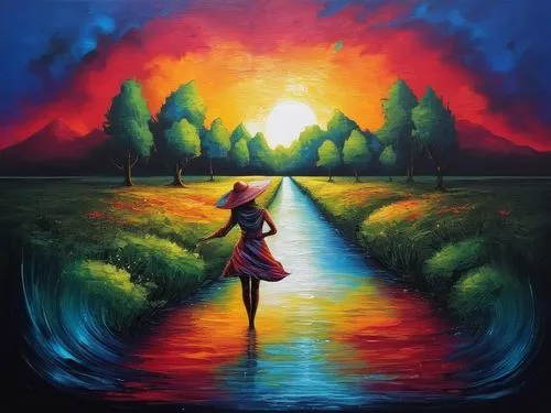 Painting Abstract Body Art Oil Painting
,oil painting on canvas,dubbeldam,landscape background,art painting,girl walking away,woman walking,colorful background,pathway,flooded pathway,oil painting,the