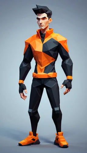 a man of 21 years age wearing a casual outfit with orange and black combination,3d model,goku,3d man,steel man,son goku,orange,cartoon ninja,3d figure,character animation,male character,stylized,3d re