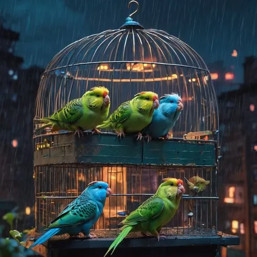 4 gansta parakeets on the top of a guinea pig cage, protecting a heard of 3 guinea pigs. They are located in a small apartment in Brooklyn, New York. ,parakeets,golden parakeets,yellow-green parrots,b