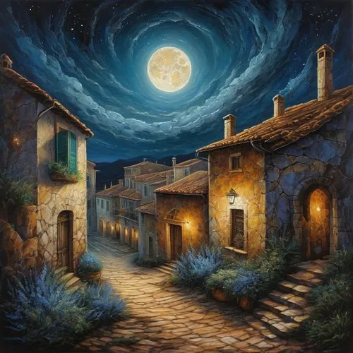 night scene,moonlit night,follieri,blue moon,fantasy picture,italian painter,moonlighted,mostovoy,fantasy art,volterra,moonlit,nocella,home landscape,lunar landscape,herfstanemoon,oil painting on canvas,starry night,astronomico,goldmoon,hanging moon,Illustration,Realistic Fantasy,Realistic Fantasy 03