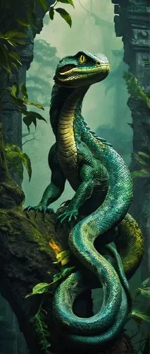 Reptilian creature, snake-lizard hybrid, scaly skin, greenish-brown color, yellow eyes, sharp teeth, long tail, claws on legs, coiled pose, ancient temple ruins, mysterious jungle environment, vines e