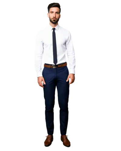 man, fashion model, solo, (25yo), strong jawline, short black hair, stylish beard, brown eyes, slim fit suit, white dress shirt, black tie, leather belt, formal shoes, confident pose, standing, urban,