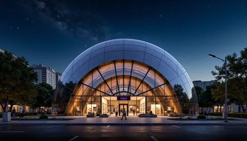 Dome-shaped planetarium, stardust-inspired exterior, futuristic metallic cladding, LED light strip accents, angular glass facades, celestial-themed entrance, astronomy-inspired murals, observatory-sty