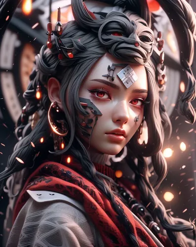 geisha,medusa,gara,goki,fire red eyes,katana,fantasy portrait,samurai,geisha girl,queen of hearts,red eyes,shaman,wuchang,echo,cg artwork,fire siren,portrait background,full hd wallpaper,ren,harajuku