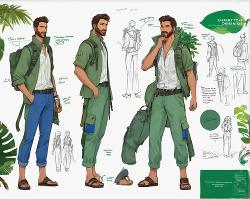 cycad,lumberjack pattern,tropical greens,male model,male poses for drawing,gardener,khaki pants,hawaii bamboo,pine green,cargo pants,the green coconut,costume design,forest man,arborist,male character,fir green,biologist,green congo,forest workers,norfolk island pine,Unique,Design,Character Design