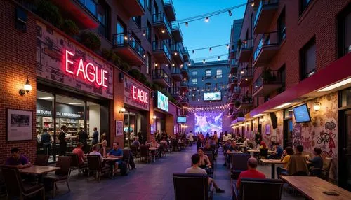 Vibrant music venue, industrial chic architecture, exposed brick walls, neon lights, urban cityscape, bustling streets, trendy nightlife, eclectic crowd, live performances, stage lighting, DJ booths, 