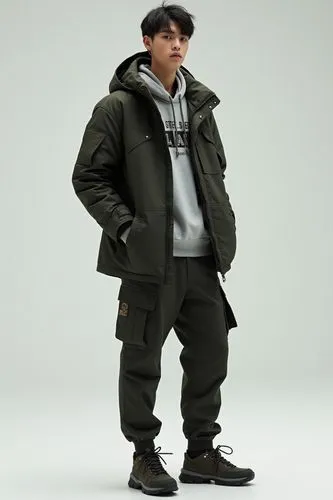 Fashion Model,a young man wearing an army green parka with the hood up,yohji,parka,junya,nonnative,joji,donghe,Photography,Fashion Photography,Fashion Photography 01