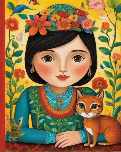 Invent a heartwarming story about a child who befriends a magical Olly Pop.,flower painting,khokhloma painting,vietnamese woman,chinese pastoral cat,girl in flowers,frida,chinese art,oriental painting