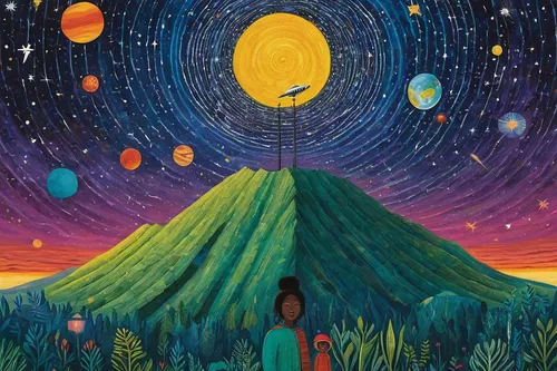 pachamama,el salvador dali,indigenous painting,astral traveler,travelers,mother earth,yogananda,cosmos,the moon and the stars,hanging moon,tambora,dreams catcher,shirakami-sanchi,quetzal,connectedness,shamanic,mantra om,cosmos field,oil on canvas,journey,Art,Artistic Painting,Artistic Painting 25