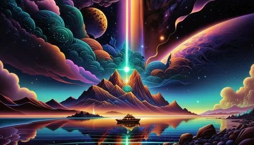 two people are looking at the space and a mountain,space art,futuristic landscape,dmt,alien world,beautiful wallpaper,alien planet,Illustration,Realistic Fantasy,Realistic Fantasy 25