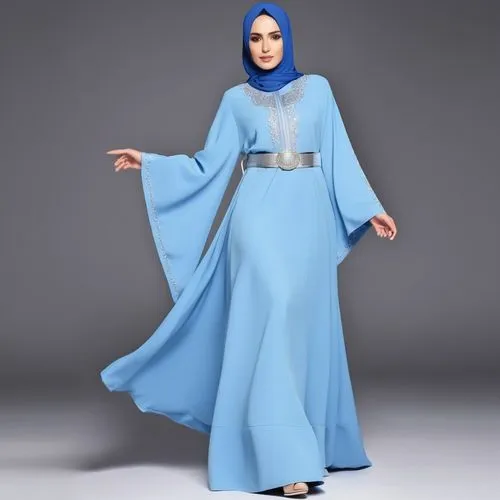 3d drawing fashion abaya for Muslim hijab with blue colour and silver belt and with silver embroidery ,a woman in a blue abab with long capes and a blue veil on her head,abayas,abaya,hijaber,hijabs,mu