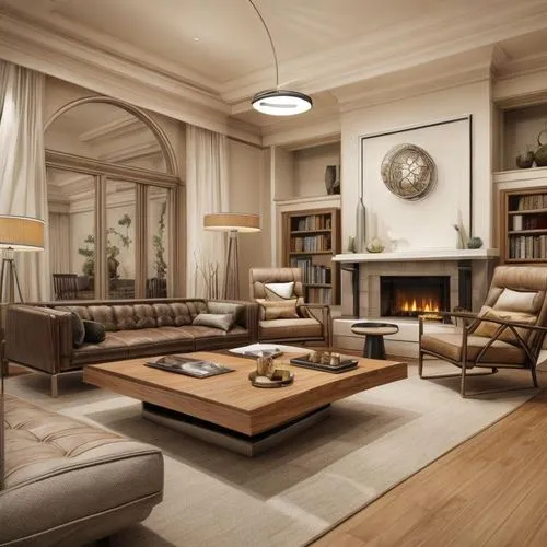 A modern dining area featuring a wooden table surrounded by six green chairs with wooden legs. Above the table hangs a stylish chandelier. In the background, a cozy brown leather couch with decorative