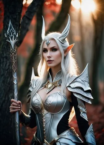 Blood Elf, slender build, pointed ears, flowing silver hair, intricate facial markings, pale skin, crimson eyes, ornate armor, golden accents, delicate fingers, holding a staff, mystical aura, surroun