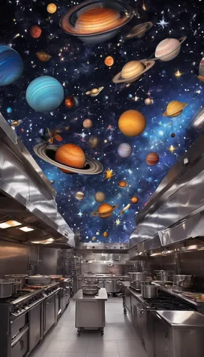 star kitchen,ufo interior,space art,big kitchen,sky space concept,chefs kitchen,planets,culinary art,space ships,outer space,spaceship space,the ceiling,kitchen paper,deep space,diner,space,spaceships,solar system,space tourism,flying saucer,Conceptual Art,Sci-Fi,Sci-Fi 30