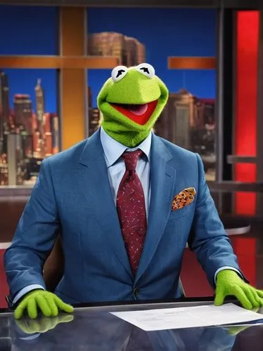 Muppet news anchor, Kermit green skin, bright blue eyes, yellow collar shirt, red tie, brown suit jacket, sitting, news desk, TV studio, bright lights, camera lens, microphone, script paper, serious f